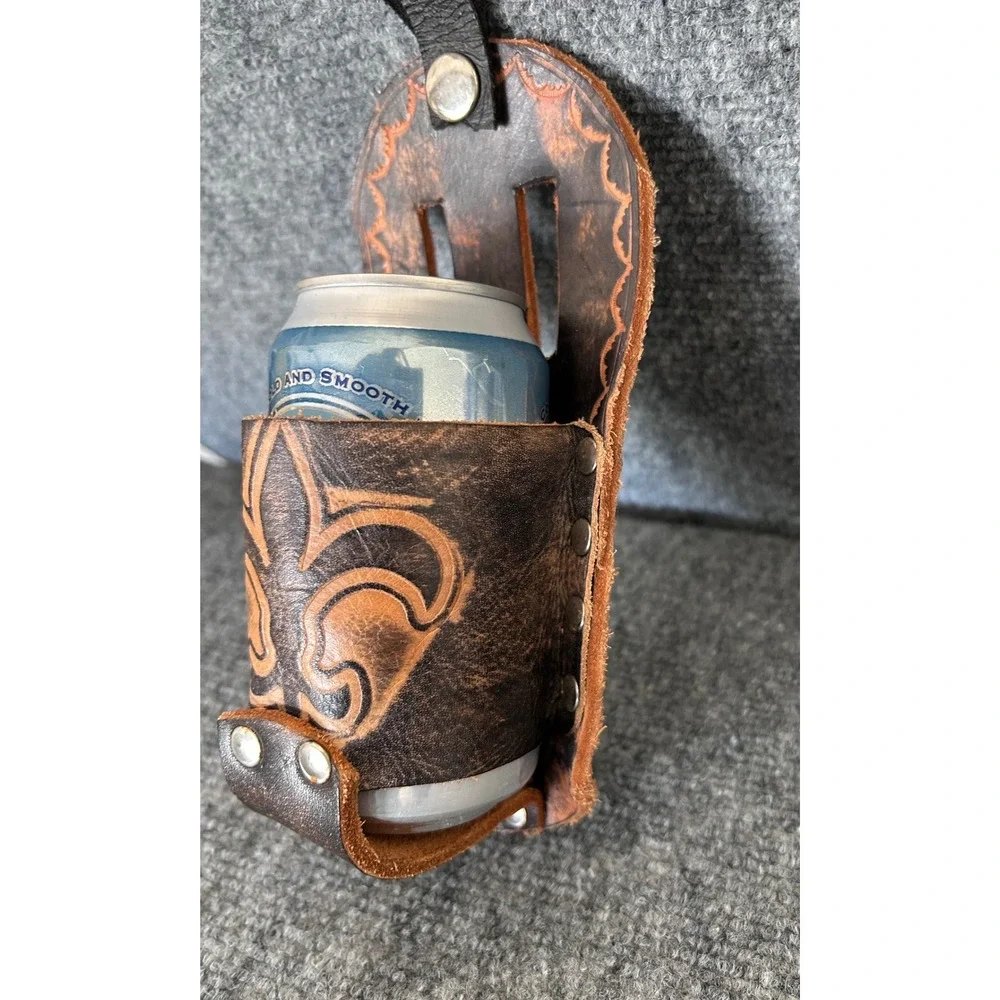 Handmade Leather Beer Holster Fleur De Lis Embossed Belt Beverage Holder Brown
